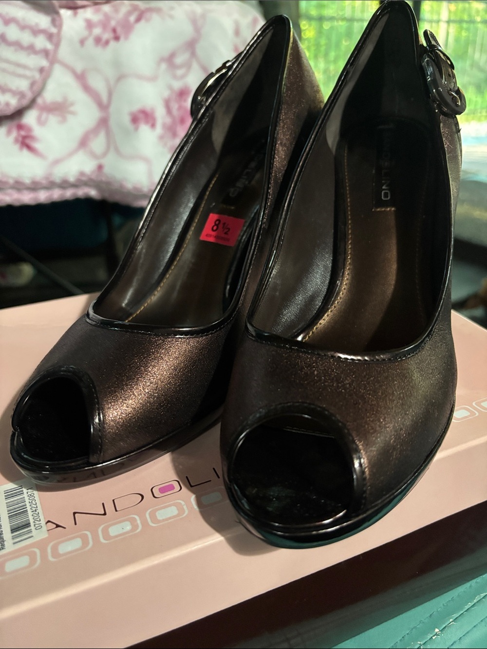 Bandolino Metallic Bronze Peep-Toe Heels with Buckle